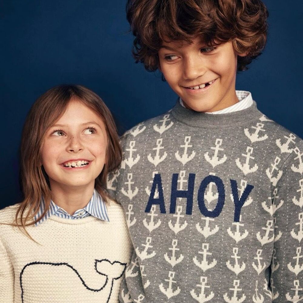 Vineyard Vines Kids Ahoy Anchor Print Merino Wool Blend Sweater Gray Medium - Picture 13 of 13